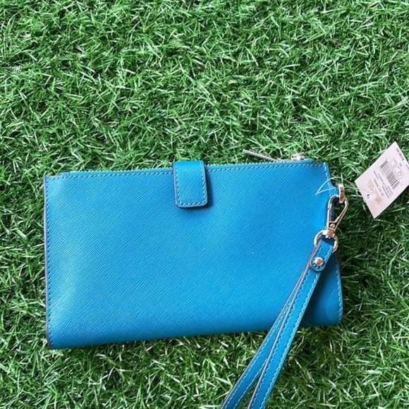 Michael Kors Large Double Zip Leather Wallet Wristlet Phone Case Lagoon - Picture 5 of 16